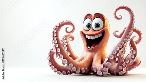 Happy cartoon octopus with big smile and eight tentacles against white background.