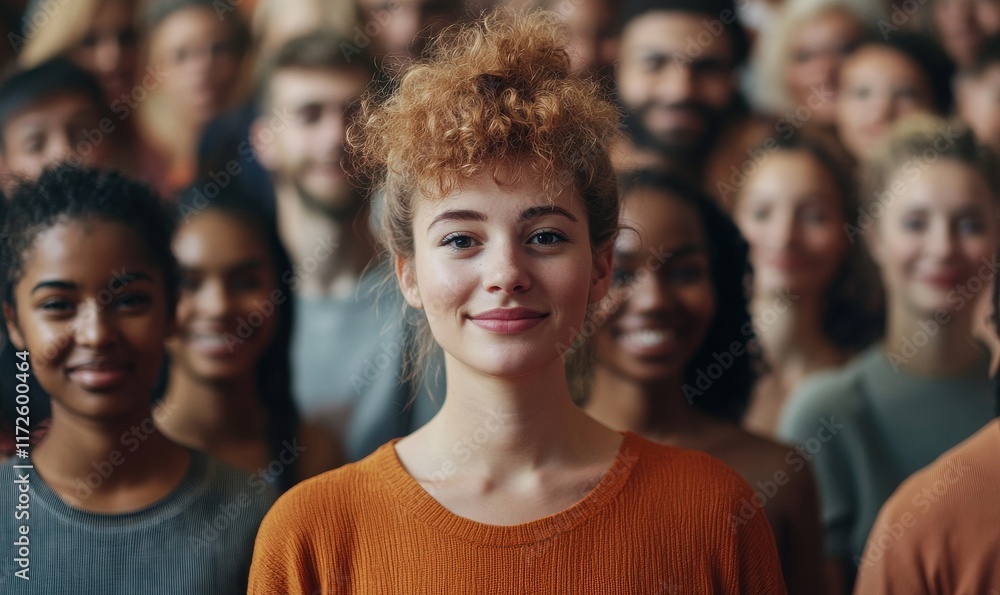 A group of people are standing together, one of them is wearing an orange shirt. The girl in the orange shirt is smiling and looking at the camera A group of people are standing together, one of them is wearing an orange shirt. The girl in the orange shirt is smiling and looking at the camera