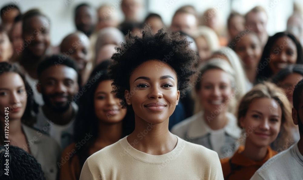 Obraz premium A woman with a big smile stands in front of a crowd of people. Concept of unity and togetherness, as the woman is surrounded by a diverse group of people. The crowd appears to be engaged