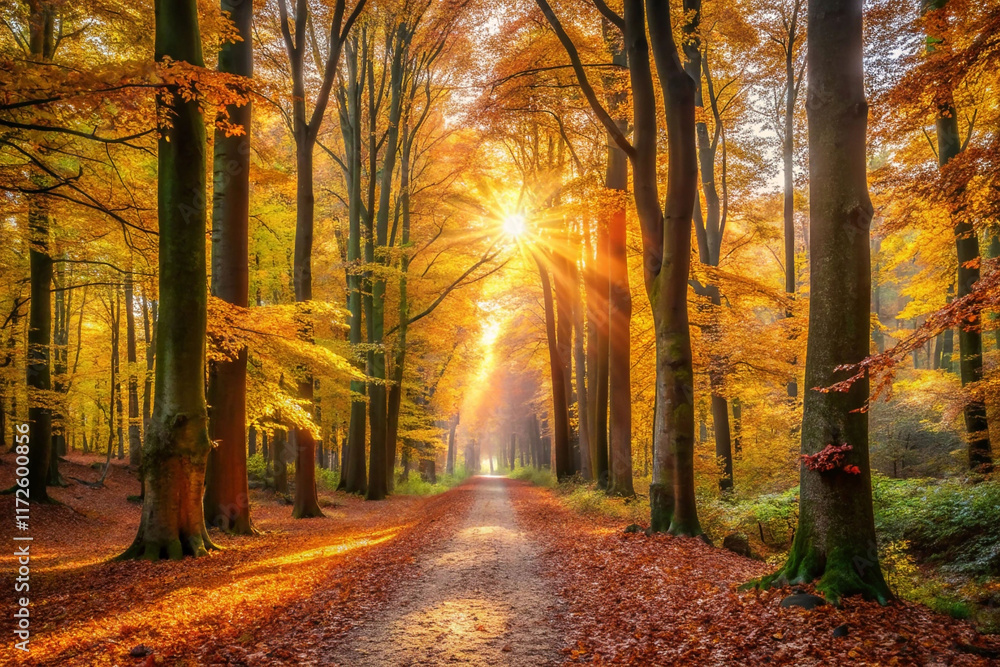 Sunlit autumn path through golden forest. (1) Sunlit autumn path through golden forest. (1)