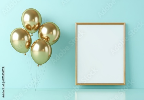 A gold framed white frame with a gold balloon in the middle. The frame is empty and the balloon is floating in the air. Empty space for logo or text, mockup photo