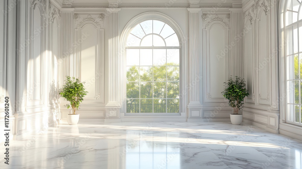 Elegant White Interior with Large Windows and Potted Plants Elegant White Interior with Large Windows and Potted Plants