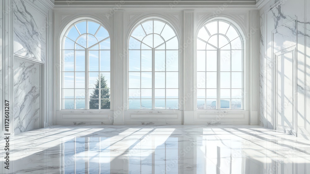 Elegant Marble Room with Large Windows and Scenic View Elegant Marble Room with Large Windows and Scenic View