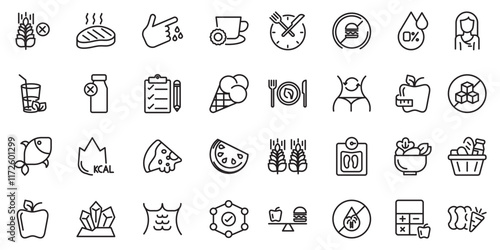 Nutrition set of web icons in line style. Healthy food linear icon collection. Containing food, vegetables, water, palm oil free, сaunt calories