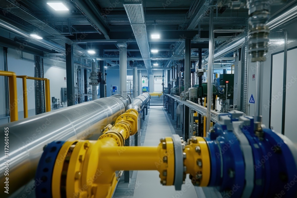 Modern industrial facility showcasing advanced piping and machinery in operation