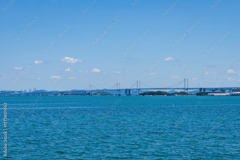 Seto Ohashi Bridge ( Suspension bridge ) in seto inland sea View from utazu seaside park , utazu town, kagawa, shikoku,japan Seto Ohashi Bridge ( Suspension bridge ) in seto inland sea View from utazu seaside park , utazu town, kagawa, shikoku,japan