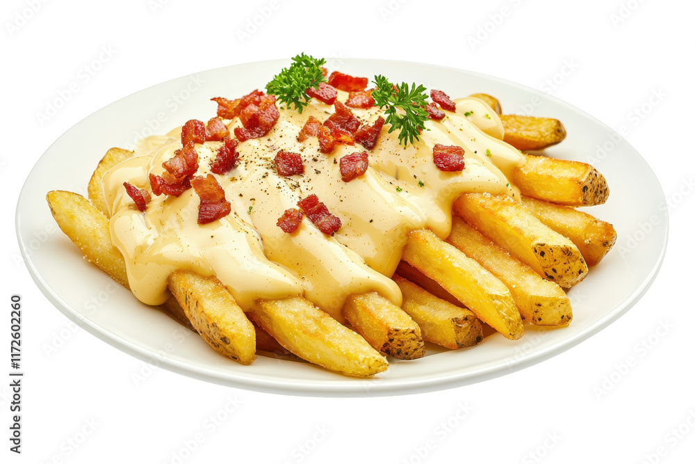 A plate of golden fries topped with creamy cheese sauce and crispy bacon bits, garnished with fresh herbs. A plate of golden fries topped with creamy cheese sauce and crispy bacon bits, garnished with fresh herbs.