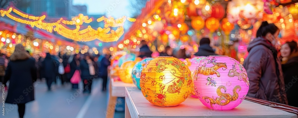Obraz premium Chinese new year festive markets concept. A bustling New Year market with vibrant zodiac displays and glowing lanterns lighting up the busy streets