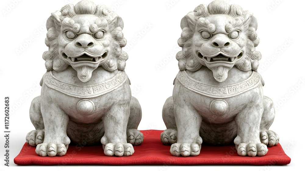 Marble Lion Statues on Red Fabric Background Marble Lion Statues on Red Fabric Background