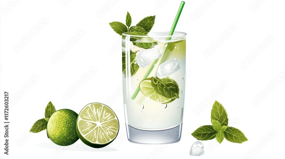 Refreshing cocktail with lime and mint in a glass. Refreshing cocktail with lime and mint in a glass.