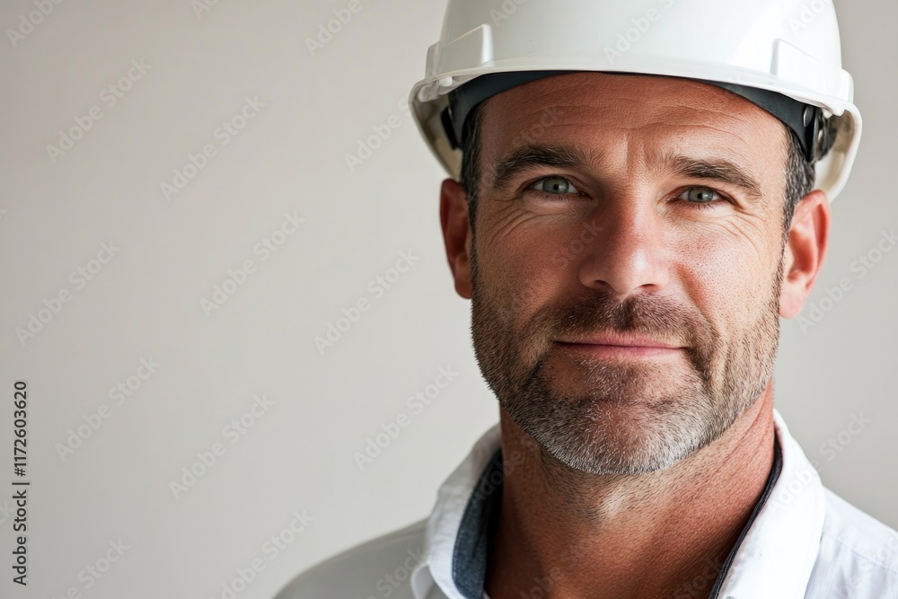 Confident construction worker in hard hat, showcasing dedication Confident construction worker in hard hat, showcasing dedication