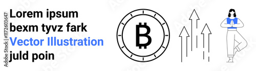 Bitcoin symbol placed centrally with surrounding arrows pointing upwards, person in yoga position on adjacent side, and placeholder text on left. Ideal for cryptocurrency, investment growth