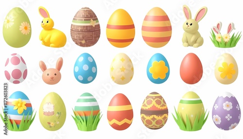 3D Easter Icons Set on Transparent or White Background
