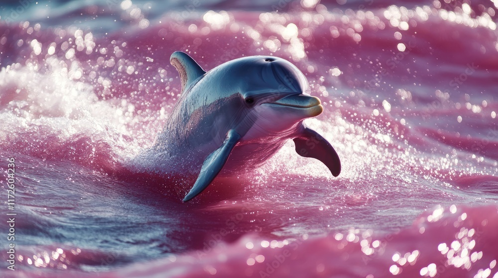 Fototapeta premium A smiling dolphin jumping out of a pink sea with glittery waves.
