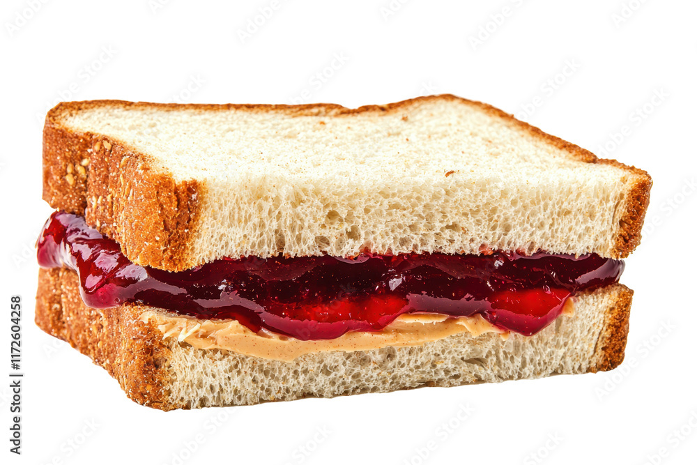 A peanut butter and jelly sandwich with a thick layer of jelly between two slices of bread. A peanut butter and jelly sandwich with a thick layer of jelly between two slices of bread.