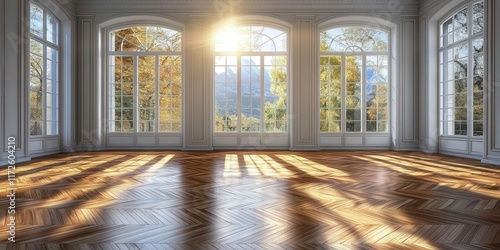 Wallpaper Mural 3D Rendering of an Empty Room with Parquet Flooring and Large Windows Capturing Natural Light and Outdoor View of Trees and Mountains Torontodigital.ca