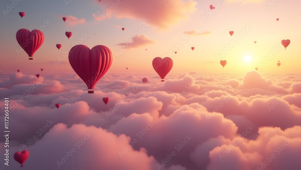 Obraz premium Heart Balloons in a Dreamy Sky, Valentine's Day, GENERATIVE AI
