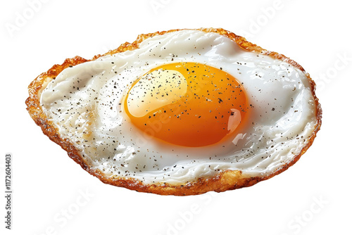 A close-up of a fried egg featuring a bright yellow yolk surrounded by soft, white egg white, lightly seasoned with pepper. photo