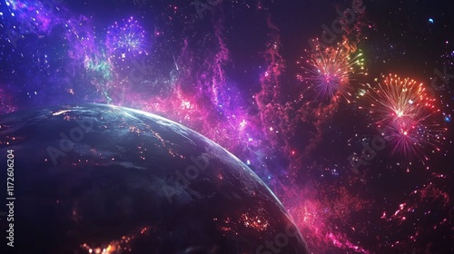 Colorful space fireworks explode around a planet.