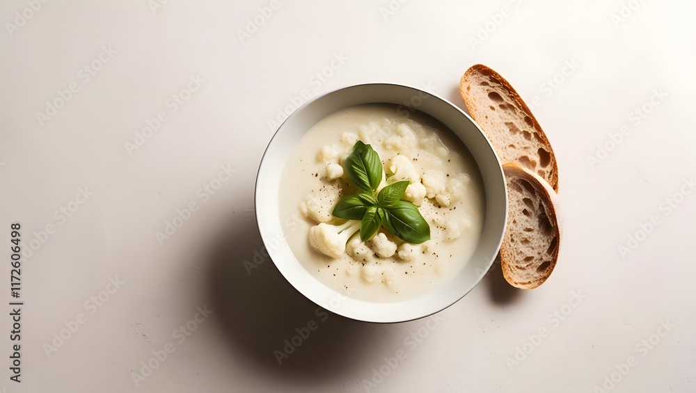 Creamy cauliflower soup, basil, pepper garnish, served with rustic bread. Comfort food elegance. Creamy cauliflower soup, basil, pepper garnish, served with rustic bread. Comfort food elegance.