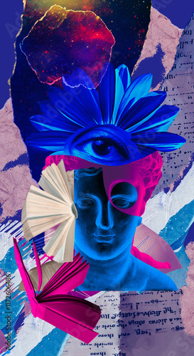 Abstract human antique statue and books. Creative idea symbol, art design or collage. Mental Health, thinking, psychology, education concept