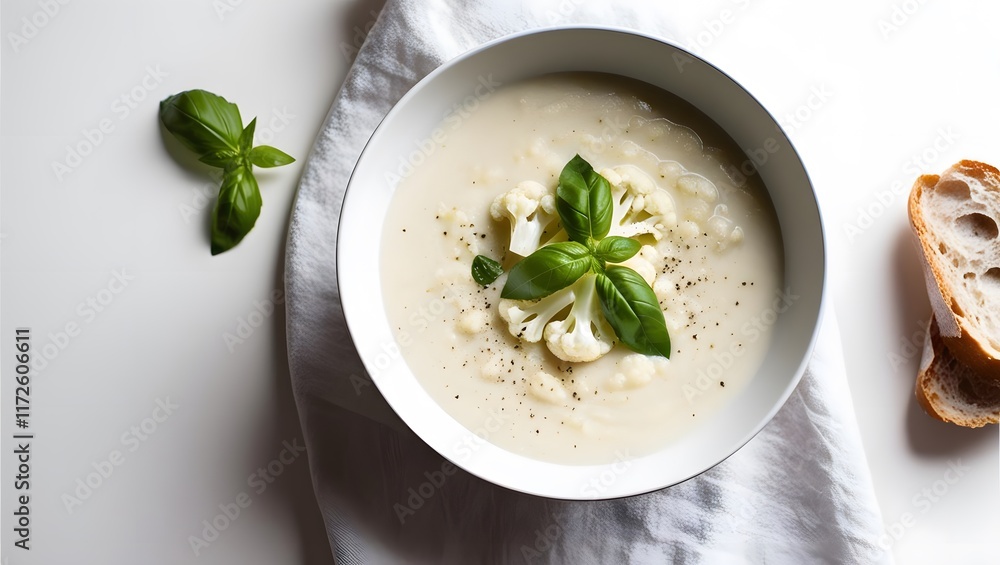 Creamy Cauliflower Soup: Rustic elegance meets comfort food. Garnished with basil and pepper, served with crusty bread. Creamy Cauliflower Soup: Rustic elegance meets comfort food. Garnished with basil and pepper, served with crusty bread.