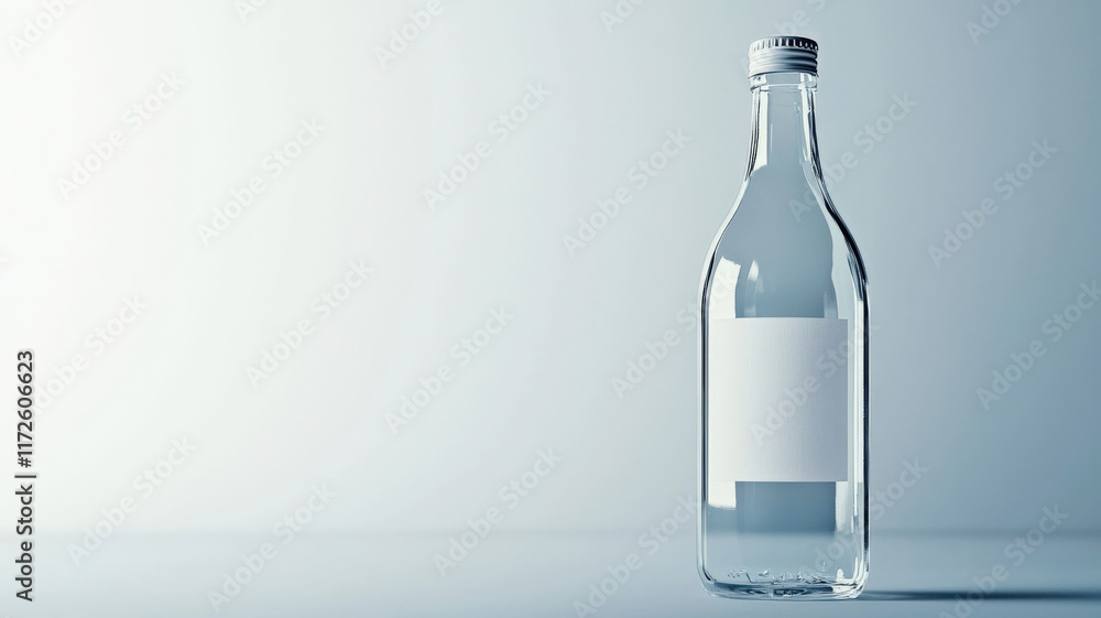 A mockup of a clear glass bottle with a blank label stands ready for custom beverage branding or label designs, providing a versatile canvas for showcasing unique creations. A mockup of a clear glass bottle with a blank label stands ready for custom beverage branding or label designs, providing a versatile canvas for showcasing unique creations.