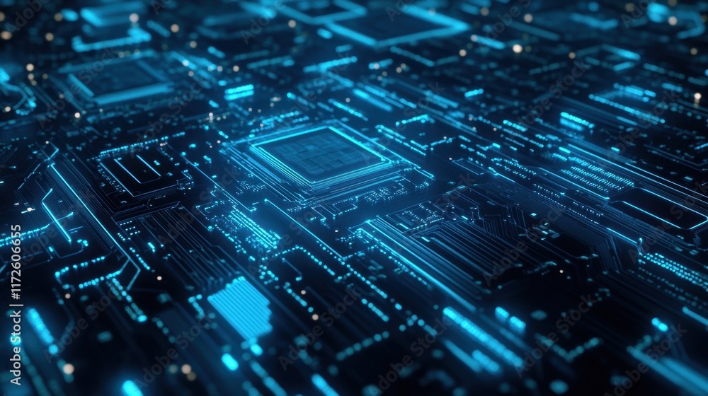 Close-up of a computer processor chip with glowing circuits. This image represents technology and innovation.
Close-up of a computer processor chip with glowing circuits. This image represents technology and innovation.