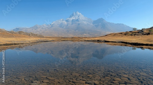 Mountain reflection in calm lake, autumnal landscape, travel destination.