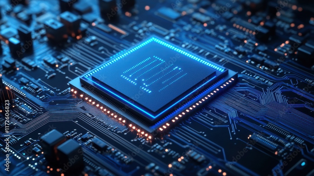 Close-up of a computer processor chip with glowing circuits. This image represents technology and innovation.
Close-up of a computer processor chip with glowing circuits. This image represents technology and innovation.