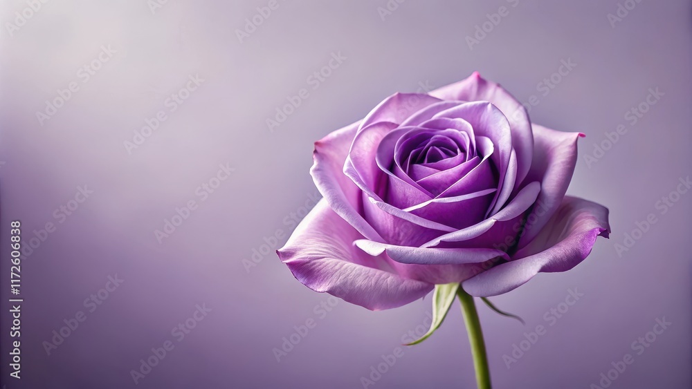 A single, long-stemmed purple rose with delicate petals and a slender stem against a muted lavender background , flower close-up, soft focus A single, long-stemmed purple rose with delicate petals and a slender stem against a muted lavender background , flower close-up, soft focus