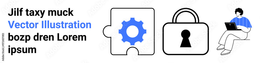 Gear puzzle piece symbolizing problem-solving, lock for security, person with laptop indicating work flexibility. Ideal for technology, security, productivity, remote work, innovation, IT solutions Gear puzzle piece symbolizing problem-solving, lock for security, person with laptop indicating work flexibility. Ideal for technology, security, productivity, remote work, innovation, IT solutions
