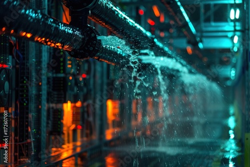 A complex fire sprinkler system actively spraying water in a high-tech data center, with glowing servers in the background.