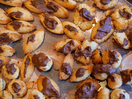 vanilla crescents, Homemade,  with chocolate blobs, a traditional Christmas cookie. Photo can be used for design and backgrounds photo