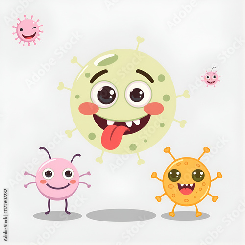 Bacteria, microbes, cute germs and viruses isolated cartoon vector characters with funny faces. Smiling pathogen microbe monsters, bacteries and viruses with big eyes, cells with teeth and tongues photo