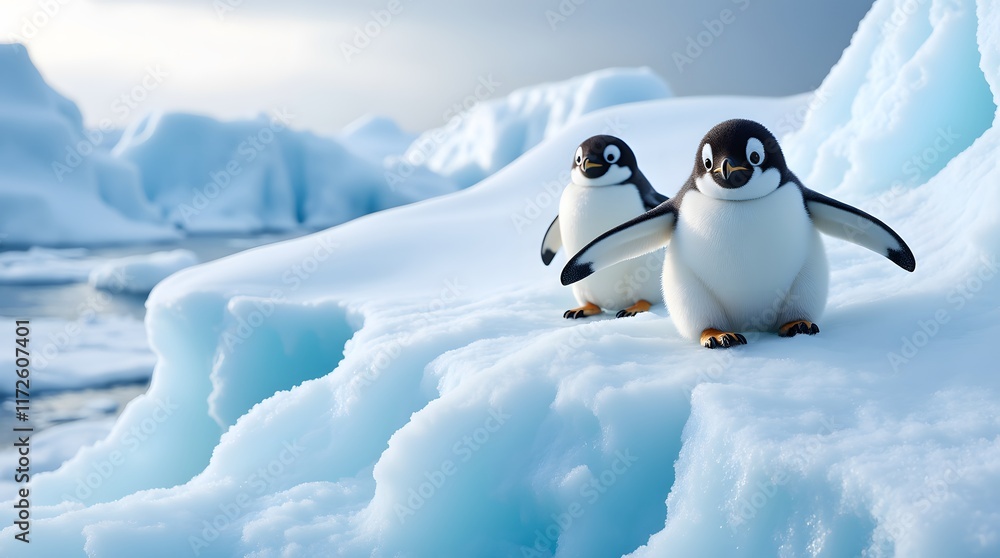 Obraz premium Adorable penguin chicks explore a breathtaking icy landscape. A charming scene of Antarctic wildlife!