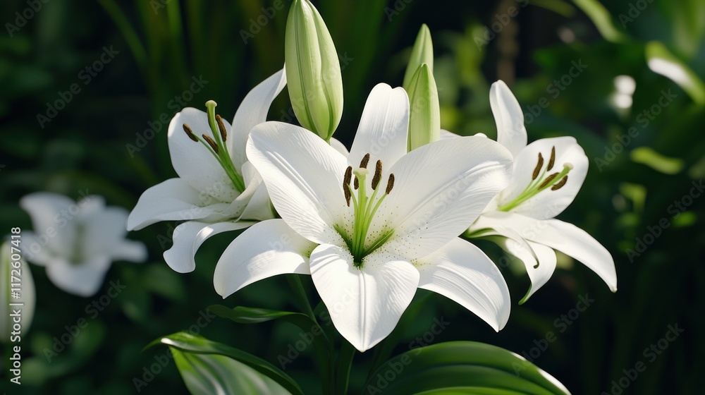 Fototapeta premium A close-up of elegant white lilies in a lush green setting.