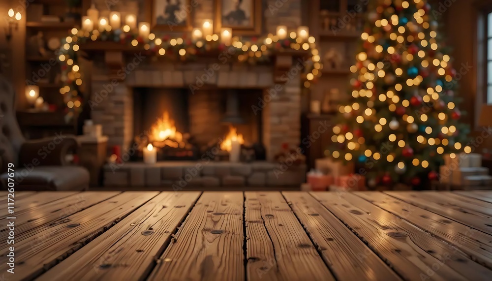 Cozy Christmas Scene with Fireplace, Decorated Tree, and Rustic Wooden Table, Festive Holiday Atmosphere Cozy Christmas Scene with Fireplace, Decorated Tree, and Rustic Wooden Table, Festive Holiday Atmosphere