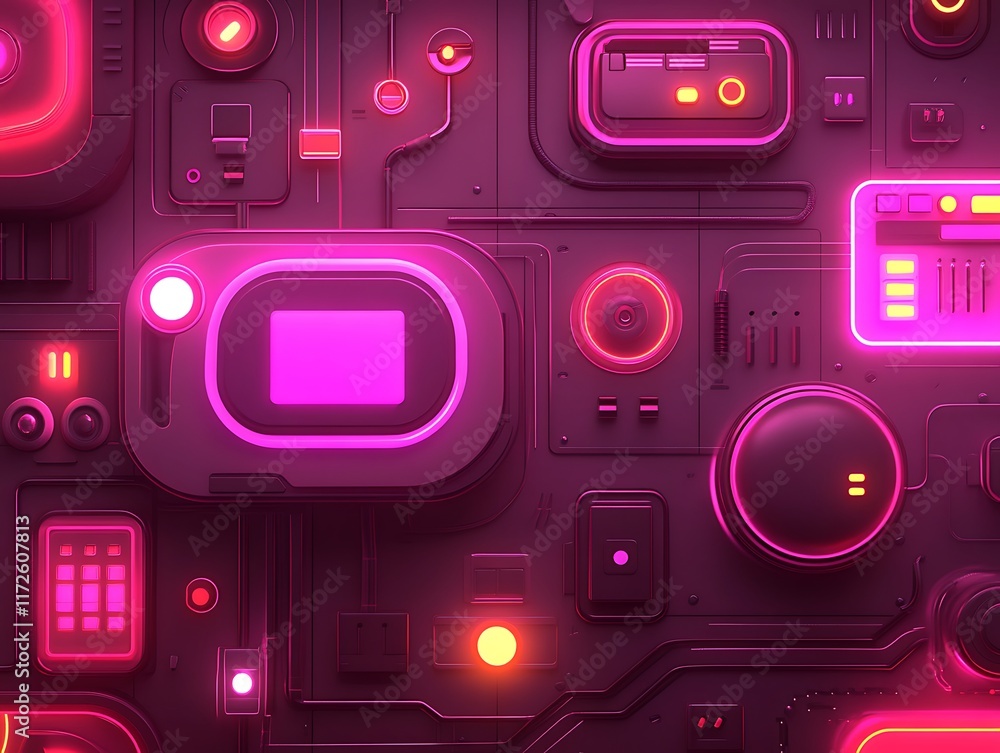 Fototapeta premium Futuristic Control Panel with Neon Lights and Buttons