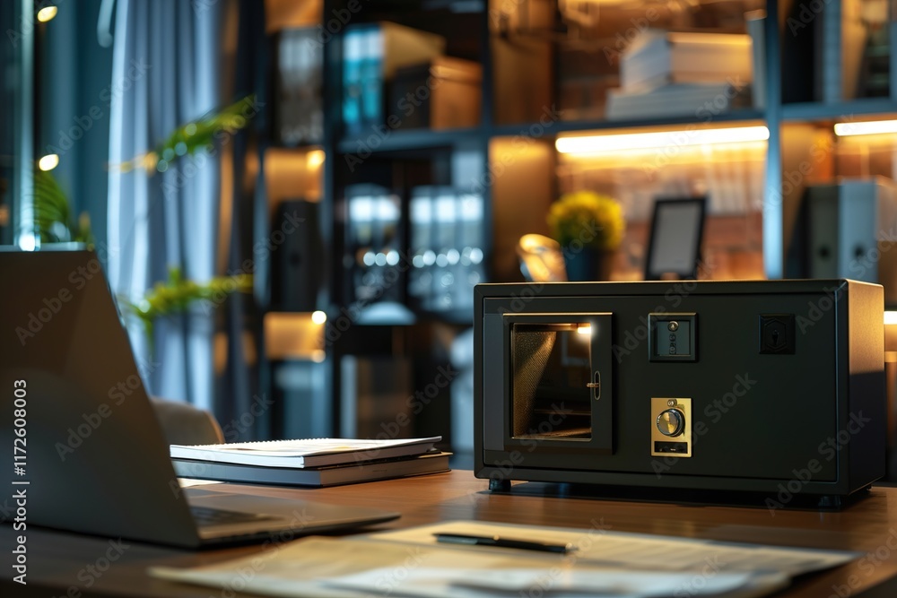 A fireproof safe placed securely in a modern office, with documents and a laptop visible nearby. A fireproof safe placed securely in a modern office, with documents and a laptop visible nearby.