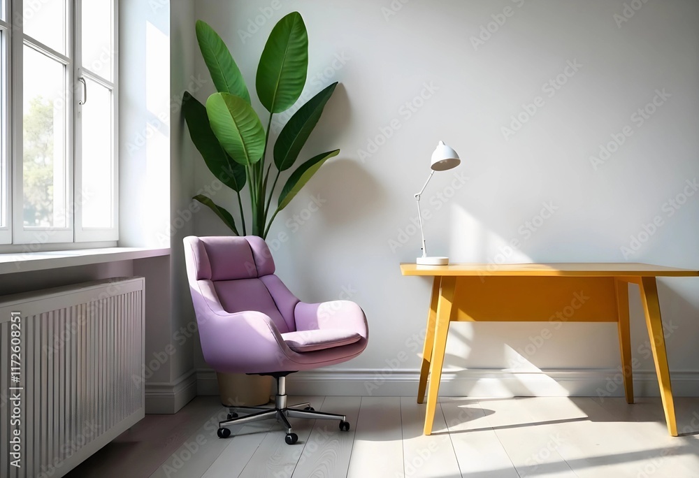 Fototapeta premium Cozy Workspace With Stylish Chair and Vibrant Desk in a Minimalist Setting