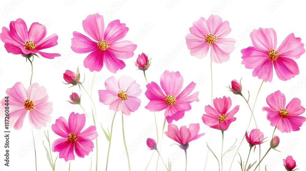 custom made wallpaper toronto digitalWatercolor Illustration set of Pink cosmos flowers on a white background,spring summer nature,Vibrant pink cosmos blooming,Children's card,banner,raindrops drawn by hand.