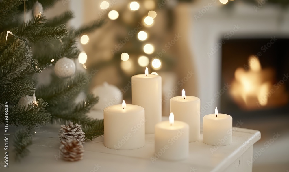Candles and gifts on a blurred background of a Scandinavian style living room with copy space. Gifts under the Christmas tree by the fireplace. White minimalist New Year's interior. Candles and gifts on a blurred background of a Scandinavian style living room with copy space. Gifts under the Christmas tree by the fireplace. White minimalist New Year's interior.