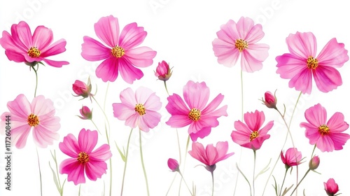Wallpaper Mural Watercolor Illustration set of Pink cosmos flowers on a white background,spring summer nature,Vibrant pink cosmos blooming,Children's card,banner,raindrops drawn by hand. Torontodigital.ca
