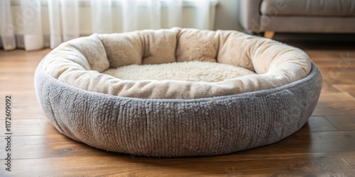 Cozy soft round plush pet bed in a quiet home room, home decor, pet comfort,  home decor
