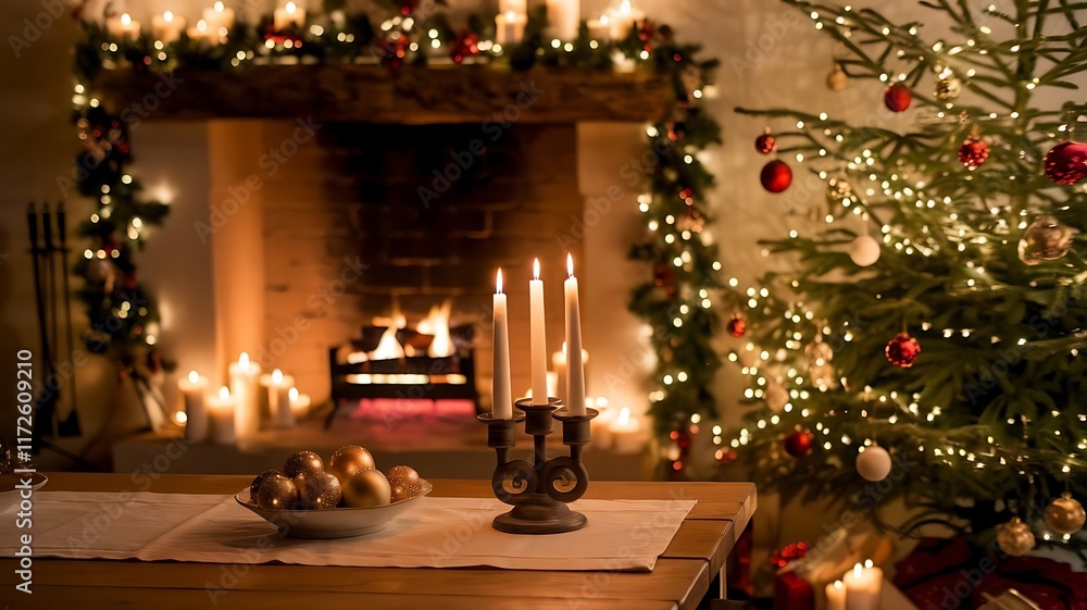 Cozy Christmas Scene with Fireplace, Decorated Tree, and Rustic Wooden Table, Festive Holiday Atmosphere Cozy Christmas Scene with Fireplace, Decorated Tree, and Rustic Wooden Table, Festive Holiday Atmosphere