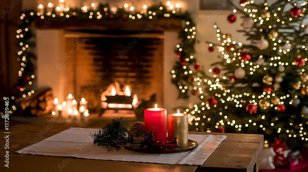 Cozy Christmas Scene with Fireplace, Decorated Tree, and Rustic Wooden Table, Festive Holiday Atmosphere Cozy Christmas Scene with Fireplace, Decorated Tree, and Rustic Wooden Table, Festive Holiday Atmosphere
