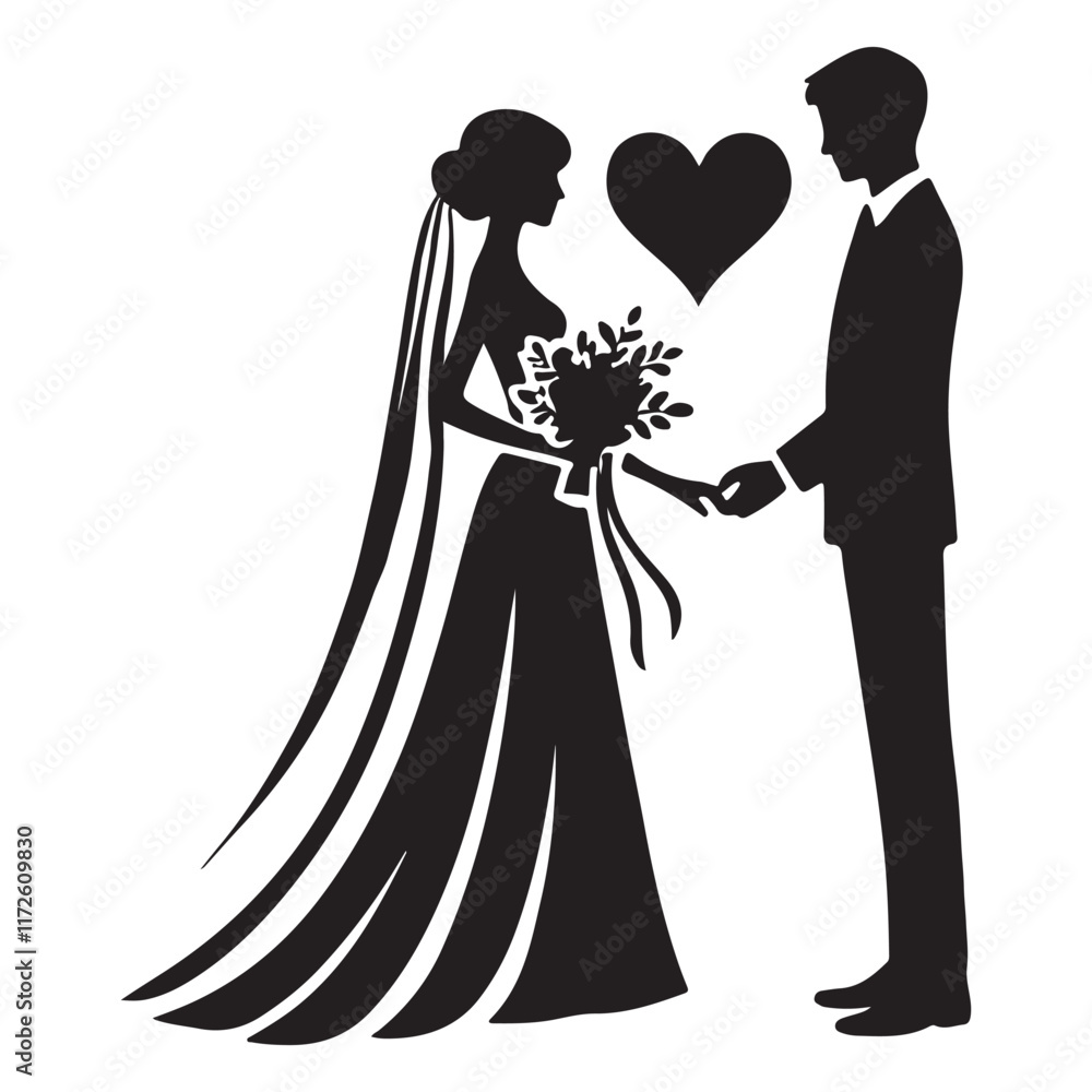 Wedding Couple Silhouette Illustration with Heart Wedding Couple Silhouette Illustration with Heart