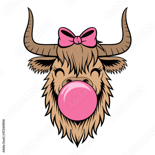 Cute Highland Cow Blowing Bubblegum with Pink Bow Illustration