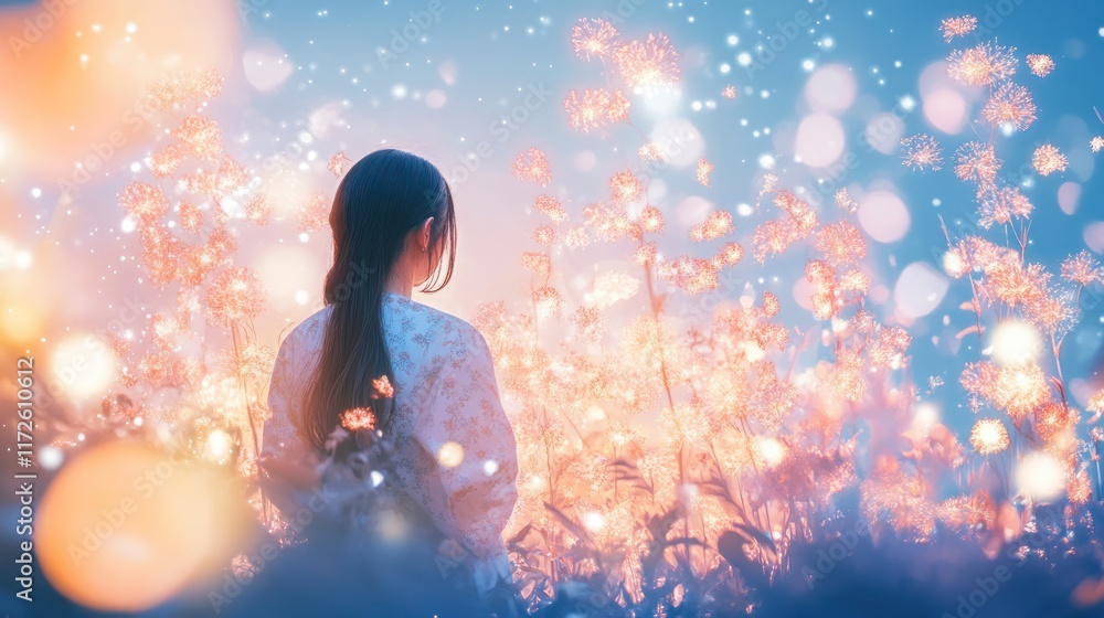 A serene figure amidst glowing flowers in a dreamy landscape. A serene figure amidst glowing flowers in a dreamy landscape.